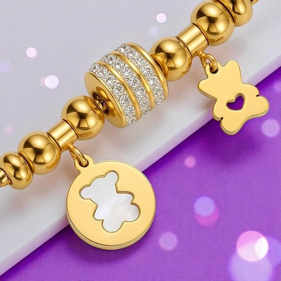 🆕️18K Gold Plated Bear Charm Bracelet with Sparkling Rhinestones & Beads 💫🐻 - Picture 12 of 12